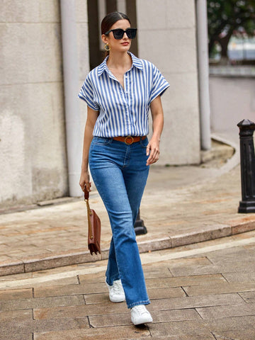 Striped Batwing Sleeve Button Front Shirt