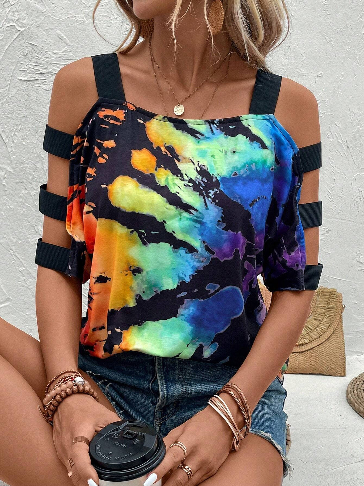 EMERY ROSE Tie Dye Cold Shoulder Tee