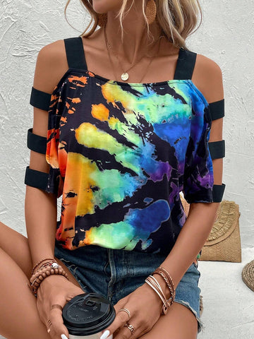 EMERY ROSE Tie Dye Cold Shoulder Tee