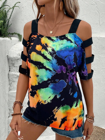 EMERY ROSE Tie Dye Cold Shoulder Tee