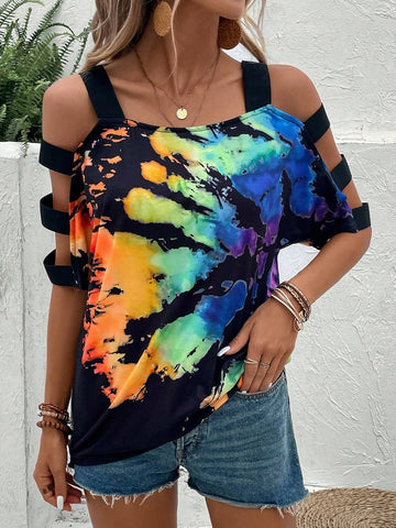 EMERY ROSE Tie Dye Cold Shoulder Tee