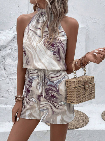 EMERY ROSE Marble Print Tie Backless Halter Romper