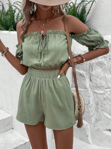 EMERY ROSE Off Shoulder Frill Trim Tie Front Top & Shorts