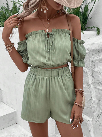 EMERY ROSE Off Shoulder Frill Trim Tie Front Top & Shorts