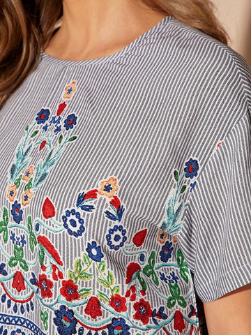 EMERY ROSE Floral Print Top & Striped Wide Leg Pants