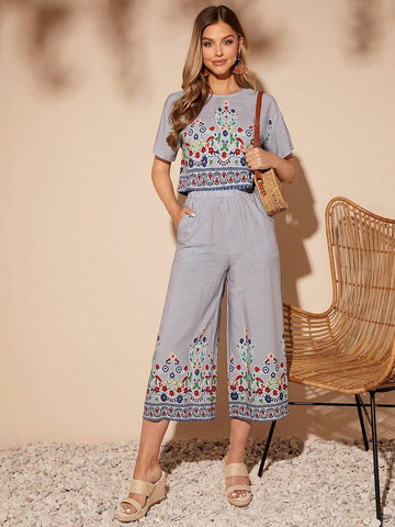 EMERY ROSE Floral Print Top & Striped Wide Leg Pants
