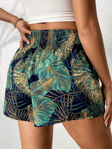 VCAY Tropical Print Elastic Waist Shorts