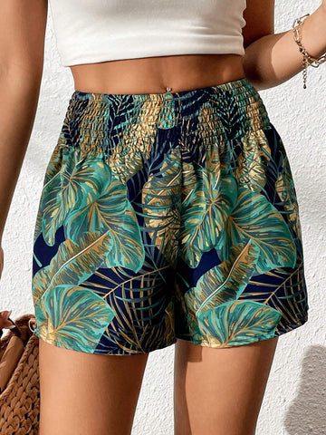VCAY Tropical Print Elastic Waist Shorts