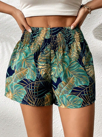 VCAY Tropical Print Elastic Waist Shorts