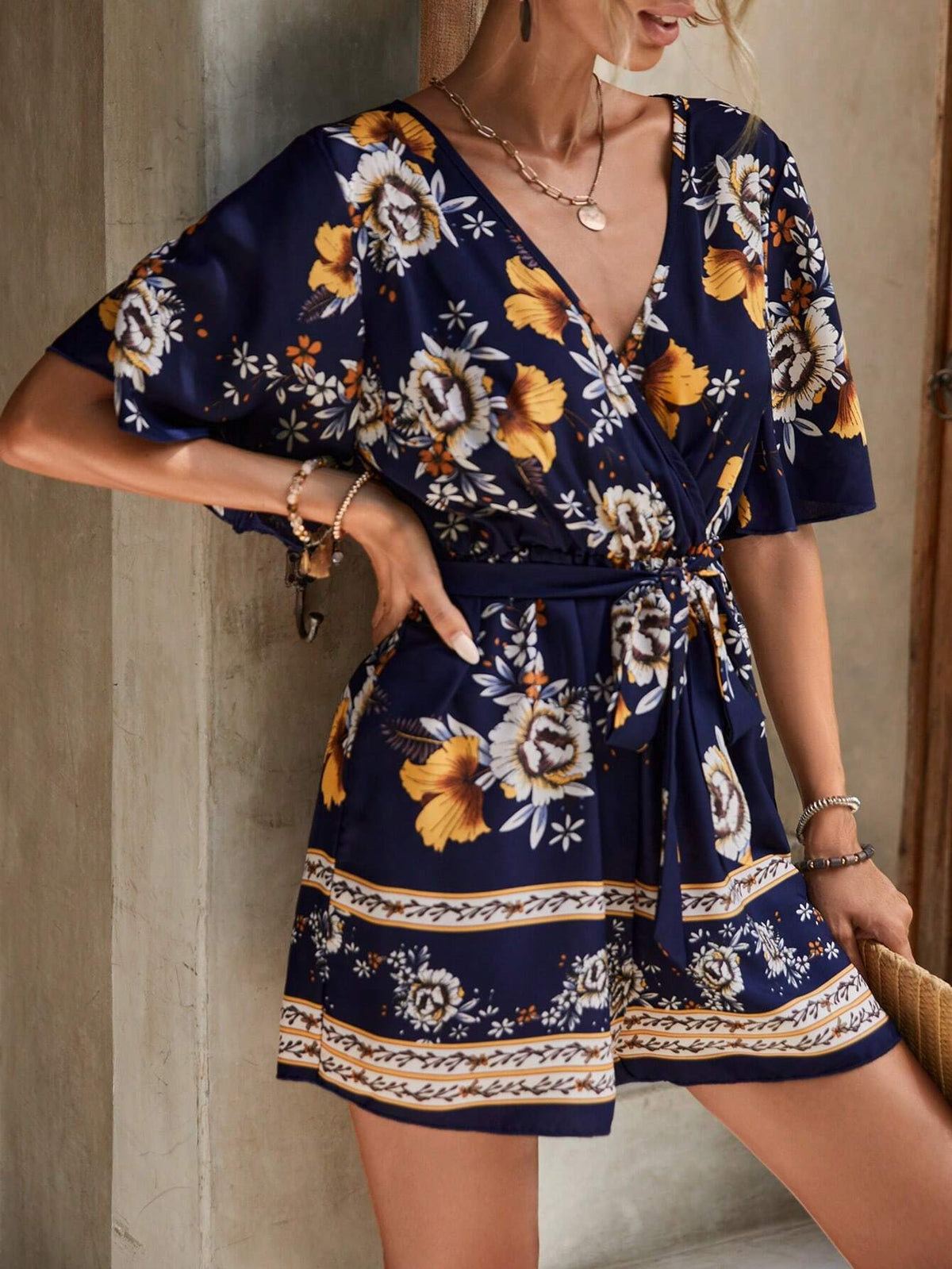 EMERY ROSE Floral Print Butterfly Sleeve Belted Romper