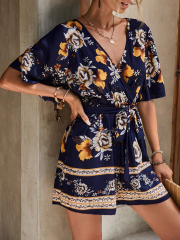 EMERY ROSE Floral Print Butterfly Sleeve Belted Romper