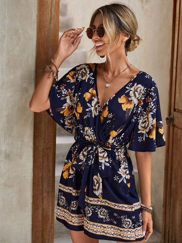 EMERY ROSE Floral Print Butterfly Sleeve Belted Romper