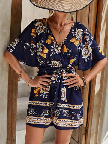 EMERY ROSE Floral Print Butterfly Sleeve Belted Romper