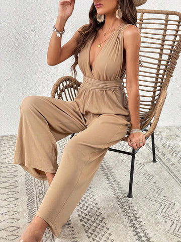 Plunging Neck Crisscross Tie Backless Wide Leg Jumpsuit