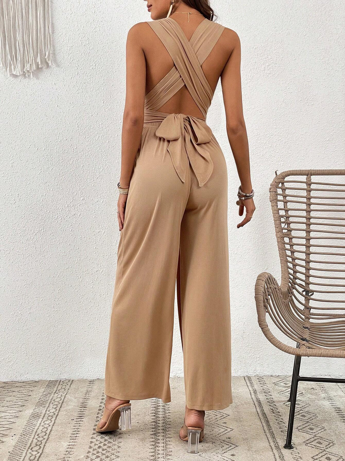 Plunging Neck Crisscross Tie Backless Wide Leg Jumpsuit