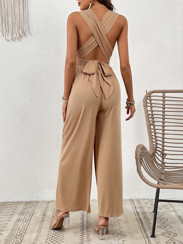Plunging Neck Crisscross Tie Backless Wide Leg Jumpsuit