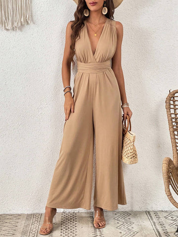 Plunging Neck Crisscross Tie Backless Wide Leg Jumpsuit