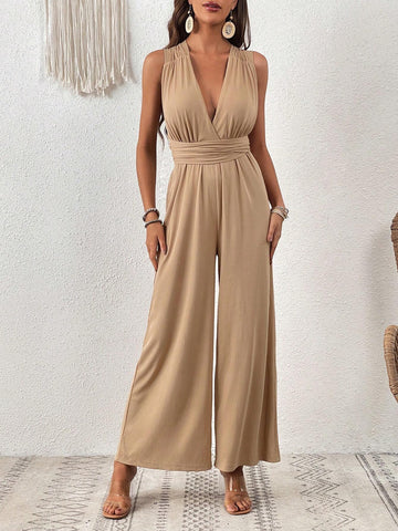Plunging Neck Crisscross Tie Backless Wide Leg Jumpsuit