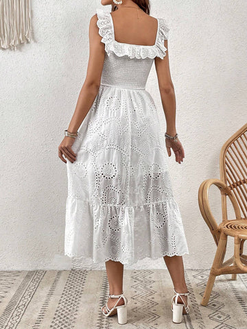 Eyelet Embroidery Ruffle Trim Ruffle Hem Dress