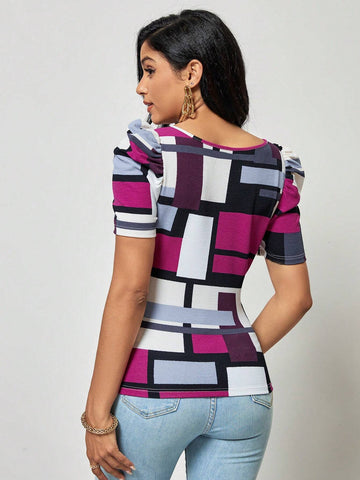 EMERY ROSE Geo Print Square Neck Puff Sleeve Tee