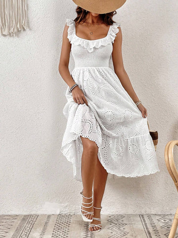 Eyelet Embroidery Ruffle Trim Ruffle Hem Dress