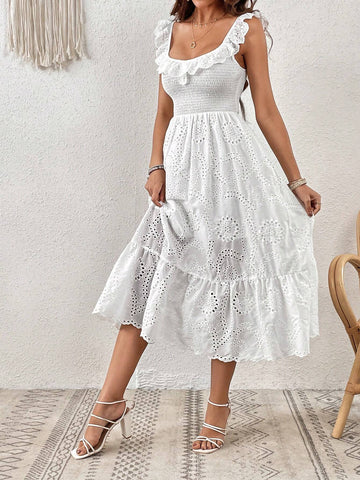 Eyelet Embroidery Ruffle Trim Ruffle Hem Dress