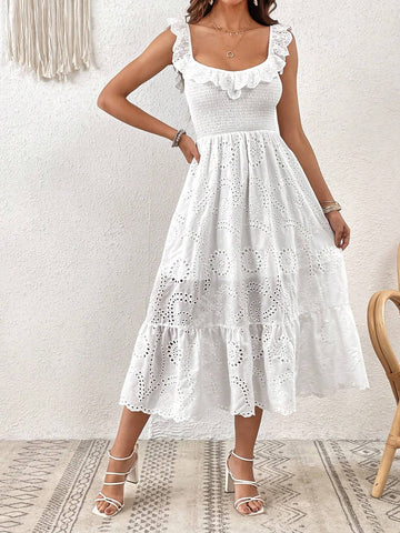 Eyelet Embroidery Ruffle Trim Ruffle Hem Dress