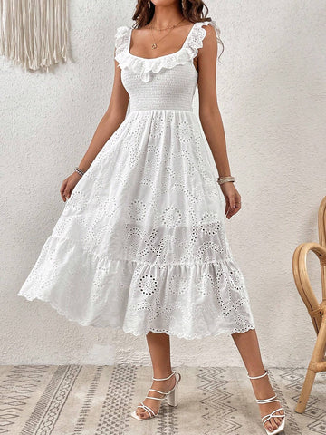 Eyelet Embroidery Ruffle Trim Ruffle Hem Dress