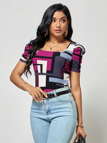 EMERY ROSE Geo Print Square Neck Puff Sleeve Tee