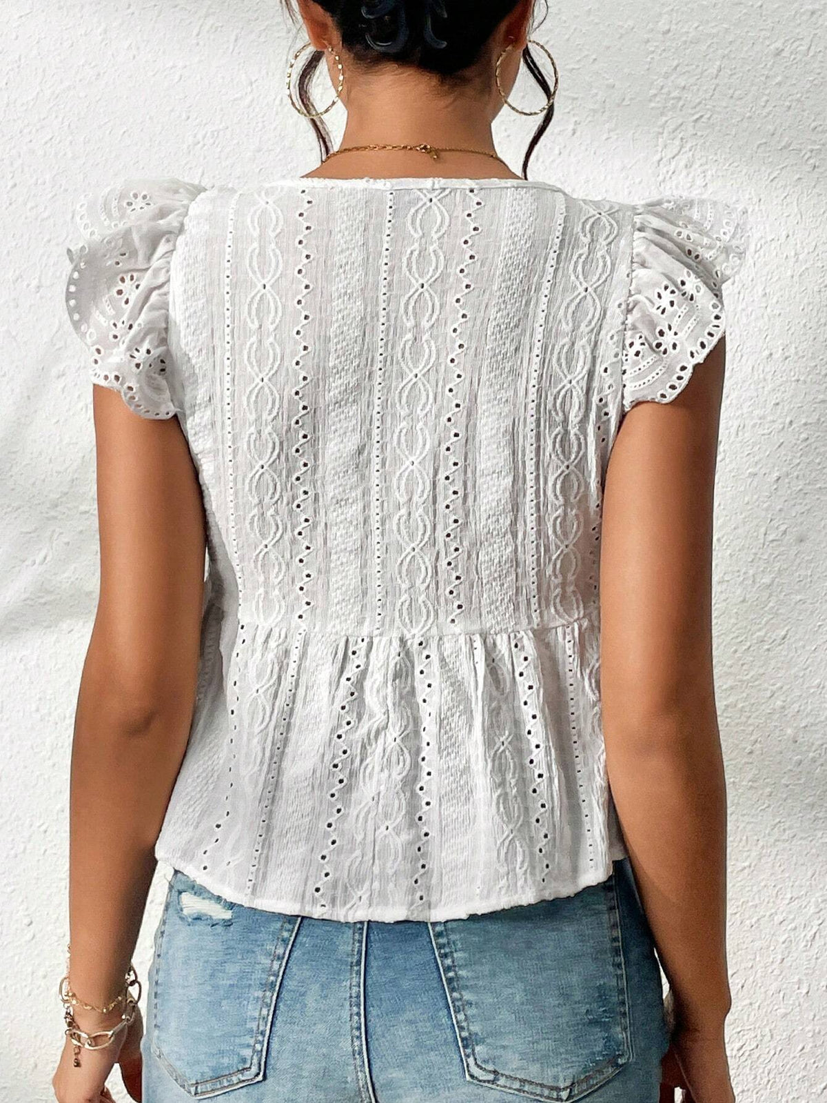 Eyelet Embroidery Butterfly Sleeve Peplum Blouse
