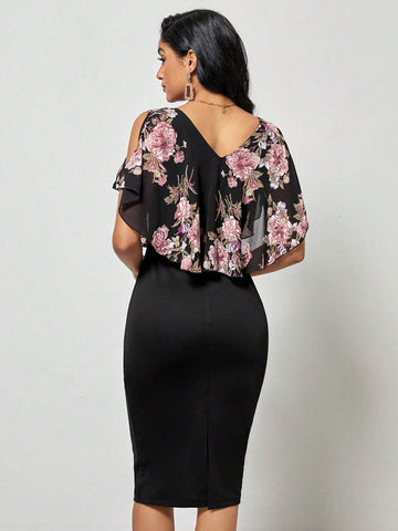 EMERY ROSE Floral Print Cold Shoulder Ruffle Trim Bodycon Dress