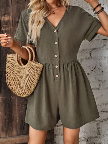 EMERY ROSE Solid Button Front Romper