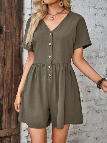 EMERY ROSE Solid Button Front Romper