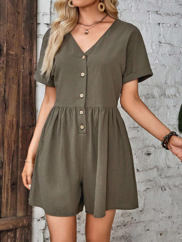 EMERY ROSE Solid Button Front Romper