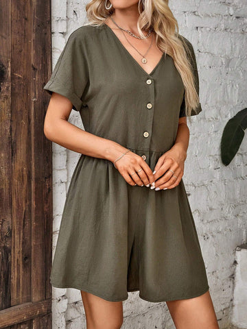 EMERY ROSE Solid Button Front Romper