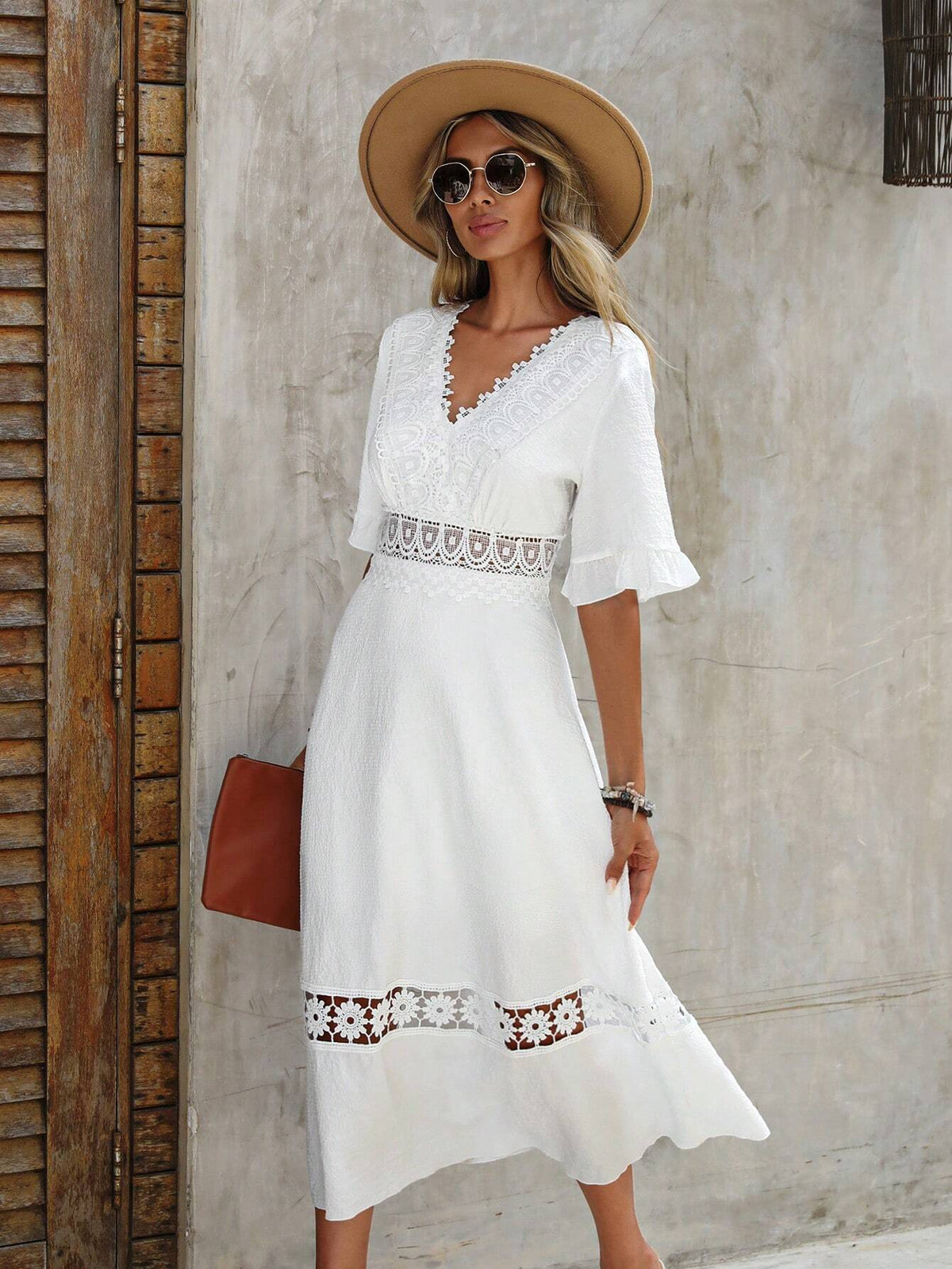 EMERY ROSE Guipure Lace Insert Flounce Sleeve Dress