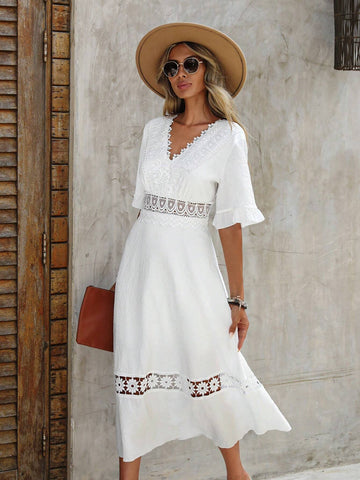 EMERY ROSE Guipure Lace Insert Flounce Sleeve Dress