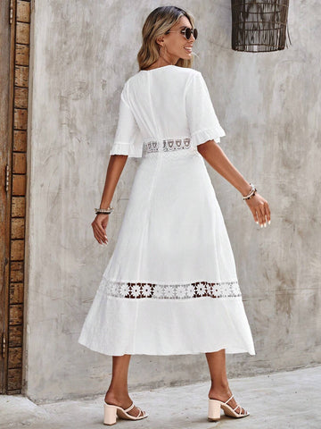 EMERY ROSE Guipure Lace Insert Flounce Sleeve Dress