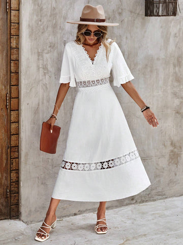 EMERY ROSE Guipure Lace Insert Flounce Sleeve Dress