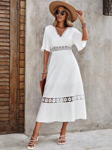 EMERY ROSE Guipure Lace Insert Flounce Sleeve Dress
