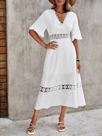 EMERY ROSE Guipure Lace Insert Flounce Sleeve Dress