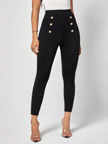 EMERY ROSE High Waist Button Detail Skinny Pants
