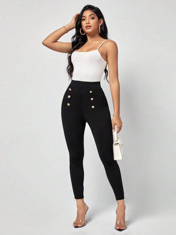 EMERY ROSE High Waist Button Detail Skinny Pants