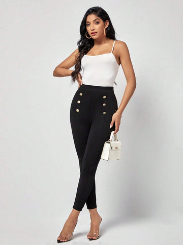 EMERY ROSE High Waist Button Detail Skinny Pants