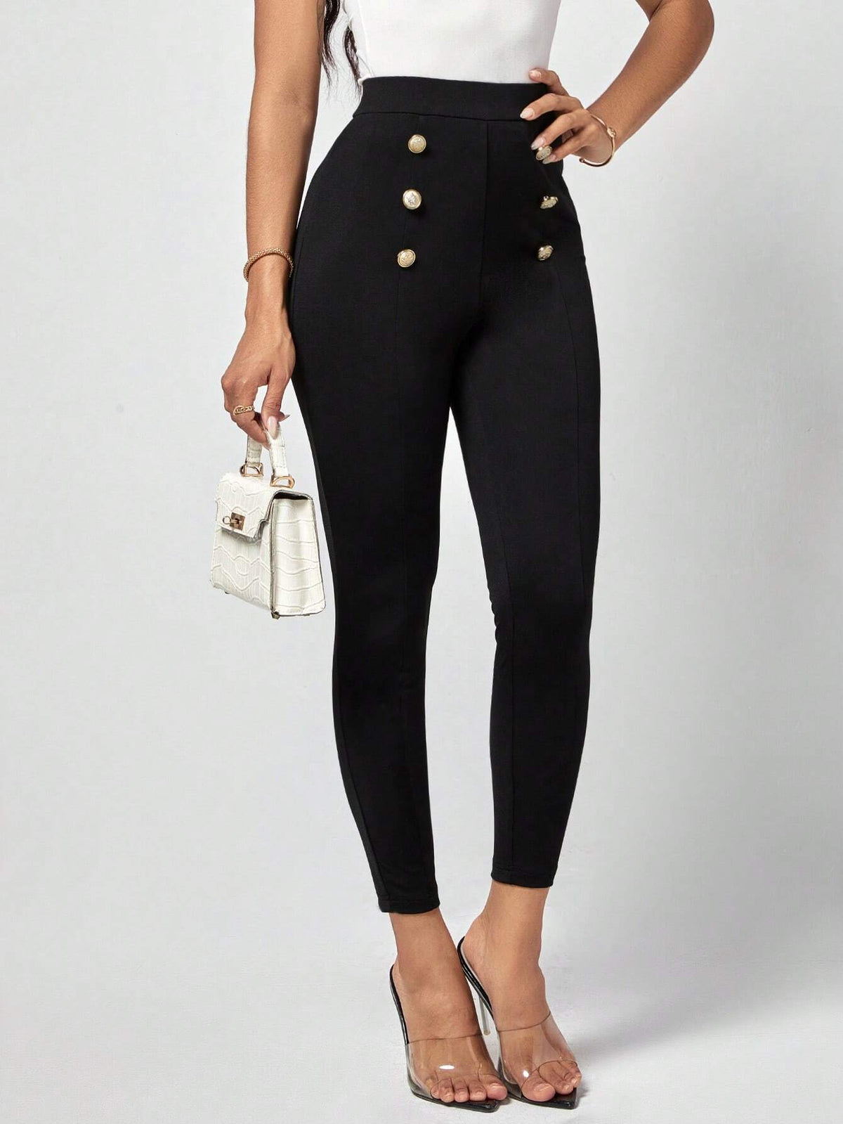 EMERY ROSE High Waist Button Detail Skinny Pants