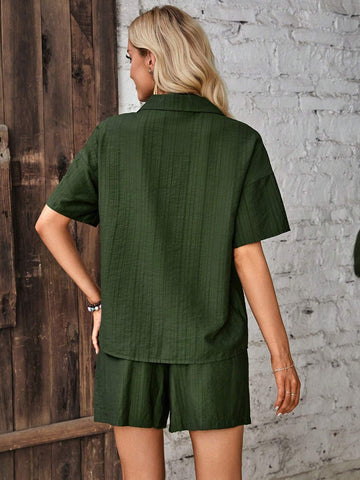 EMERY ROSE Drop Shoulder Pocket Patched Shirt & Knot Front Shorts