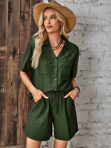 EMERY ROSE Drop Shoulder Pocket Patched Shirt & Knot Front Shorts