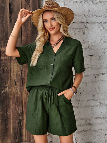 EMERY ROSE Drop Shoulder Pocket Patched Shirt & Knot Front Shorts