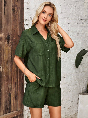 EMERY ROSE Drop Shoulder Pocket Patched Shirt & Knot Front Shorts