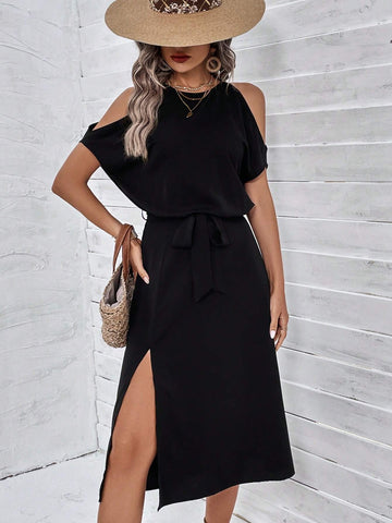 Cold Shoulder Split Thigh Belted Dress